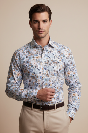 Camicia uomo Sonrisa -  Fantasia fiori -  Collo francese - Bianco/celeste/marrone