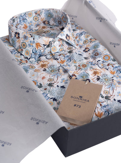 Camicia uomo Sonrisa -  Fantasia fiori -  Collo francese - Bianco/celeste/marrone