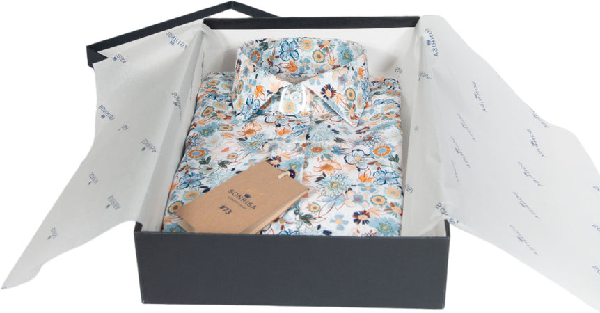 Camicia uomo Sonrisa -  Fantasia fiori -  Collo francese - Bianco/celeste/marrone