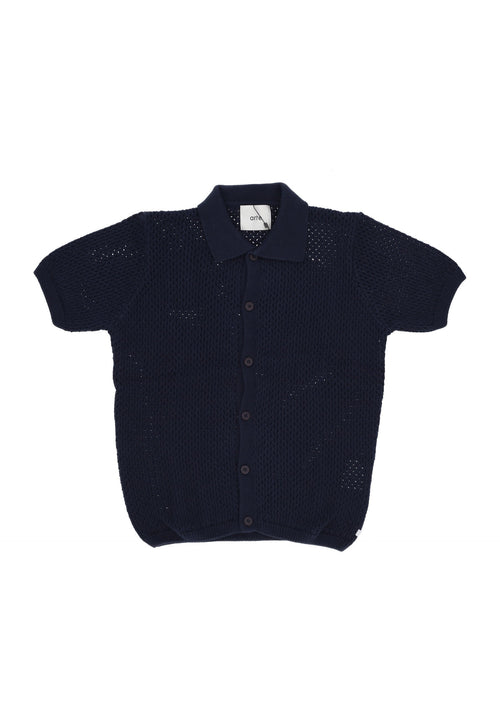 ARTE Camicia Manica Corta Uomo Crochet Knit Button Shirt Navy da uomo