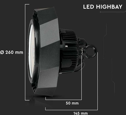Campana-Industriale-LED-Chip-Samsung-100W-120LM/W-UFO-con-Driver-Samsung-Colore-Nero-90°-4000K-IP65-Dimmerabile