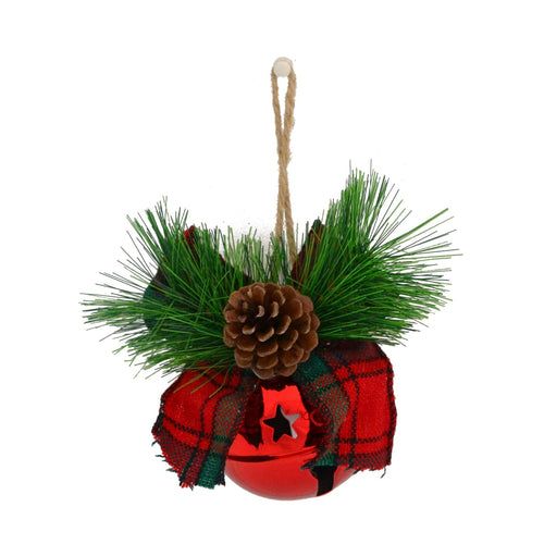 Campanello natalizio in metallo colore rosso con fiocco scozzese decorazione natalizia