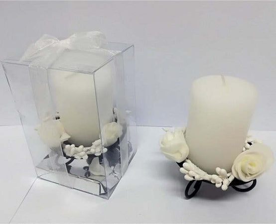 Candela-Cilindro-Supporto-Metallo-Rose-Bianco-Confezione-Bomboniera-Matrimonio