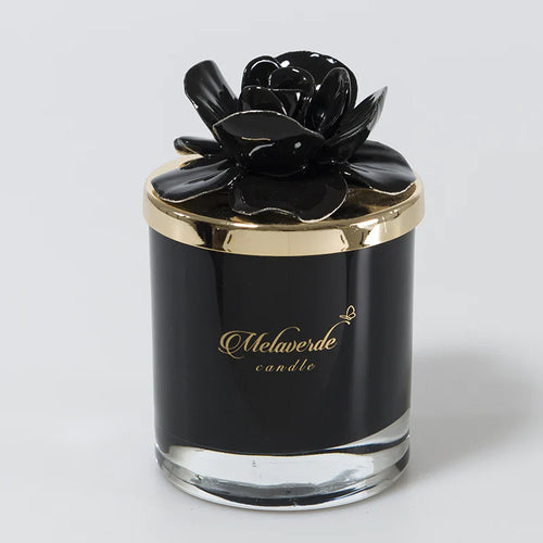 Candela Melaverde nera con tappo fiore in vetro artigianale, bomboniera elegante per matrimonio