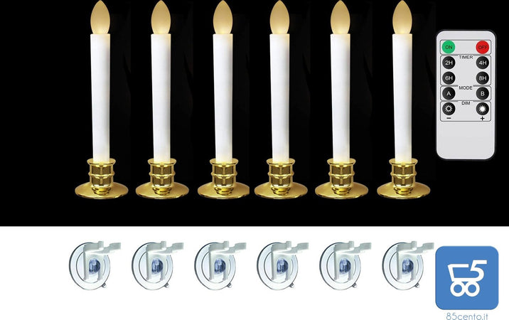 Candele Senza Fiamma a LED Da Finestra Con Telecomando e Timer Coniche Alimentate A Batteria Con Portacandele Dorati Kit da 6 pz + 1 Telecomando