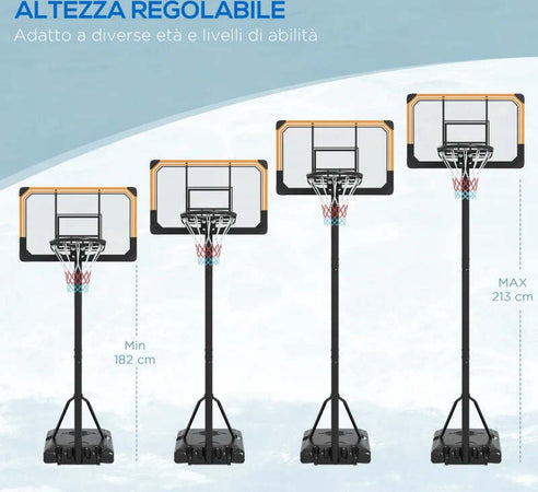Canestro-Basket-a-6-Altezze-Regolabili-con-Base-Riempibile-e-Rotelle,-in-PE,-Acciaio-e-Poliestere,-Nero-LK6A61-060V00BKLK6