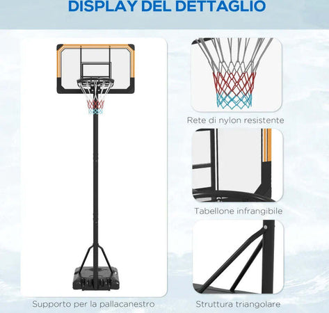 Canestro-Basket-a-6-Altezze-Regolabili-con-Base-Riempibile-e-Rotelle,-in-PE,-Acciaio-e-Poliestere,-Nero-LK6A61-060V00BKLK6