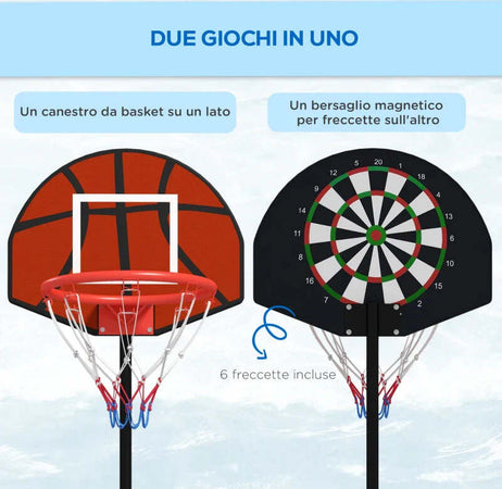 Canestro-Basket-con-Bersaglio-Freccette-2-in-1,-in-Acciaio-e-PE,-38.5x48.5x179-cm,-Nero-e-Marrone-GT7A61-054V00BKGT7