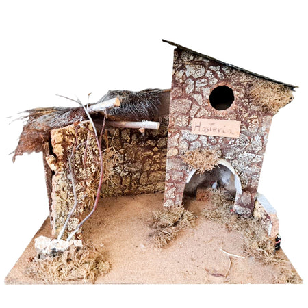 Capanna "Hosteria" grotta vuota in sughero paesaggio con fuoco per presepe