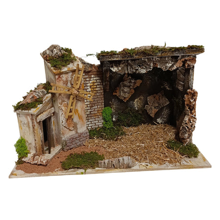Capanna decorativa natalizia con mulino a vento per presepe