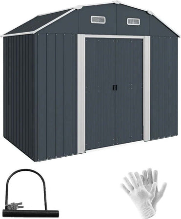 Capanno-Porta-Attrezzi-con-Ripiani-Regolabili-e-2-Finestre,-in-Acciaio-Zincato,-238x132x198.5-cm,-Grigio-Scuro-LK584H-114V00CGLK5