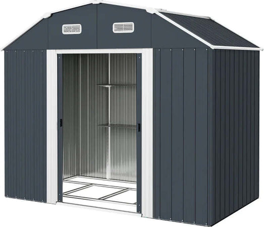 Capanno-Porta-Attrezzi-con-Ripiani-Regolabili-e-2-Finestre,-in-Acciaio-Zincato,-238x132x198.5-cm,-Grigio-Scuro-LK584H-114V00CGLK5