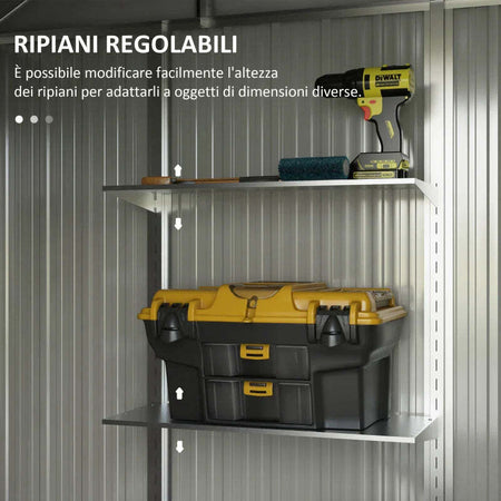 Capanno-Porta-Attrezzi-con-Ripiani-Regolabili-e-2-Finestre,-in-Acciaio-Zincato,-238x132x198.5-cm,-Grigio-Scuro-LK584H-114V00CGLK5
