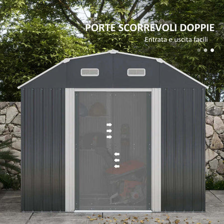 Capanno-Porta-Attrezzi-con-Ripiani-Regolabili-e-2-Finestre,-in-Acciaio-Zincato,-238x132x198.5-cm,-Grigio-Scuro-LK584H-114V00CGLK5