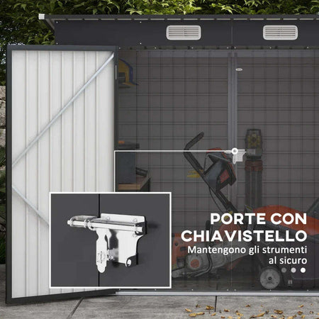 Capanno-Porta-Attrezzi-con-Ripiani-Regolabili-e-Chiavistello,-in-Acciaio-Zincato,-249x121x183-cm,-Grigio-UJ384H-118V00GYUJ3