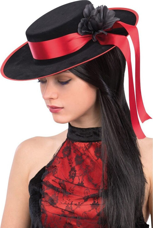 Cappello Spagnola in Bifloccato nero con nastro rosso in raso e Bordino stile Spagnolo Moda/Donna/Abbigliamento/Accessori/Cappelli e cappellini/Cappelli da sole Kondorama - Martinsicuro, Commerciovirtuoso.it