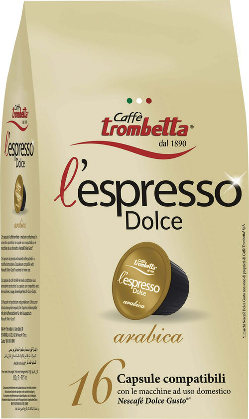 Capsule Compatibili Dolce Gusto Caffè Trombetta L'Espresso Dolce Arabica 8 buste da 16 capsule Capsule Compatibili Dolce Gusto Caffè Trombetta L'Espresso Dolce Arabica, 16x8 pezzi Non solo alimenti - Albano Laziale, Commerciovirtuoso.it
