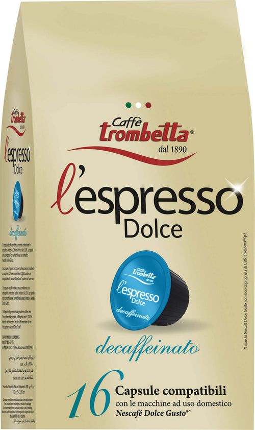 Capsule Compatibili Dolce Gusto Caffè Trombetta L'Espresso Dolce Decaffeinato 8 buste da 16 capsule Capsule Compatibili Dolce Gusto Caffè Trombetta L'Espresso Dolce Decaffeinato, 16x8 pezzi Non solo alimenti - Albano Laziale, Commerciovirtuoso.it