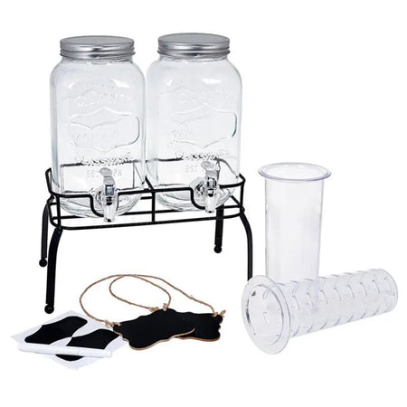 Caraffe in vetro porta bevande con rubinetto, infusiere e supporto in metallo 2 x 4 Lt
