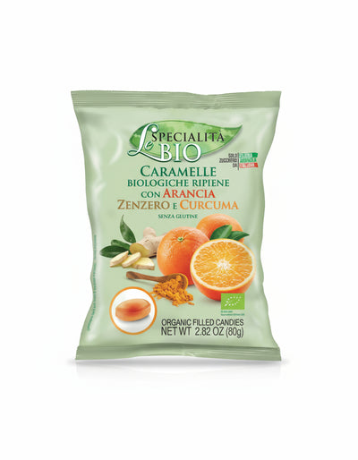 Caramelle biologiche 80g arancia, zenzero e curcuma senza glutine