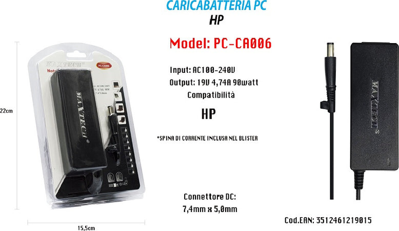 Caricabatteria 19v 4,74a 90w Per Notebook Hp Pc Alimentatore Maxtech Pc-ca006 Elettronica/Informatica/Accessori/Accessori per PC portatili/Caricabatterie e docking station/Caricatori e alimentatori Trade Shop italia - Napoli, Commerciovirtuoso.it