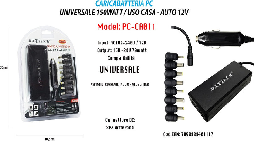 Caricabatteria Alimentatore Universale Notebook Pc 150w Auto/casa Maxtech Pc-ca011 Informatica e Videogiochi > Accessori PC > Alimentatori Notebook Trade Shop italia - Napoli, Commerciovirtuoso.it