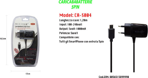 Caricabatteria Da Rete Fissa Con Attacco Micro Usb 5pin 5v-1000mah Maxtech Ca-s004 Caricabatteria Trade Shop italia - Napoli, Commerciovirtuoso.it