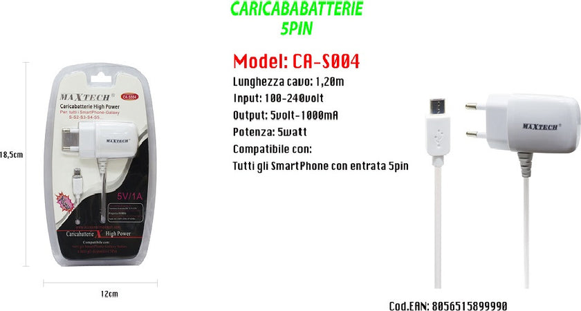 Caricabatteria Da Rete Fissa Con Attacco Micro Usb 5pin 5v-1000mah Maxtech Ca-s004 Caricabatteria Trade Shop italia - Napoli, Commerciovirtuoso.it