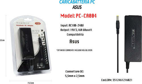 Caricabatteria Notebook Pc Alimentatore Per Asus 19v 3,16a 60w Maxtech Pc-ca004 Informatica e Videogiochi > Accessori PC > Alimentatori Notebook Trade Shop italia - Napoli, Commerciovirtuoso.it