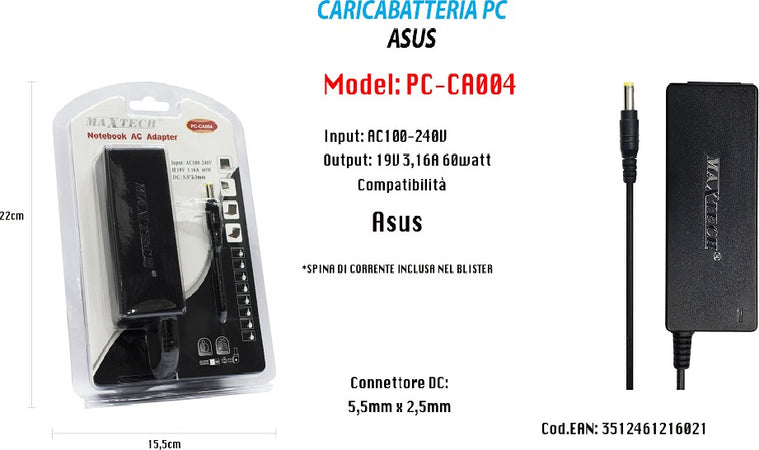 Caricabatteria Notebook Pc Alimentatore Per Asus 19v 3,16a 60w Maxtech Pc-ca004 Informatica e Videogiochi > Accessori PC > Alimentatori Notebook Trade Shop italia - Napoli, Commerciovirtuoso.it