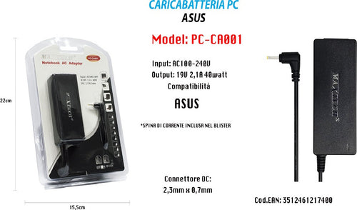 Caricabatteria Pc Asus Alimentatore Batteria Di Ricambio 19v 2,1a 40w Maxtech Pc-ca001 Informatica e Videogiochi > Accessori PC > Alimentatori Notebook Trade Shop italia - Napoli, Commerciovirtuoso.it