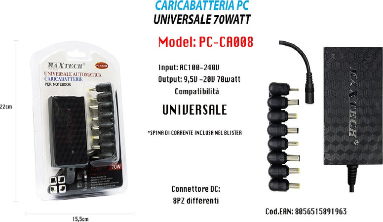 Caricabatteria Pc Universale 70w Notebook Pc Adattatore 9,5v-20v Maxtech Pc-ca008 Informatica e Videogiochi > Accessori PC > Alimentatori Notebook Trade Shop italia - Napoli, Commerciovirtuoso.it