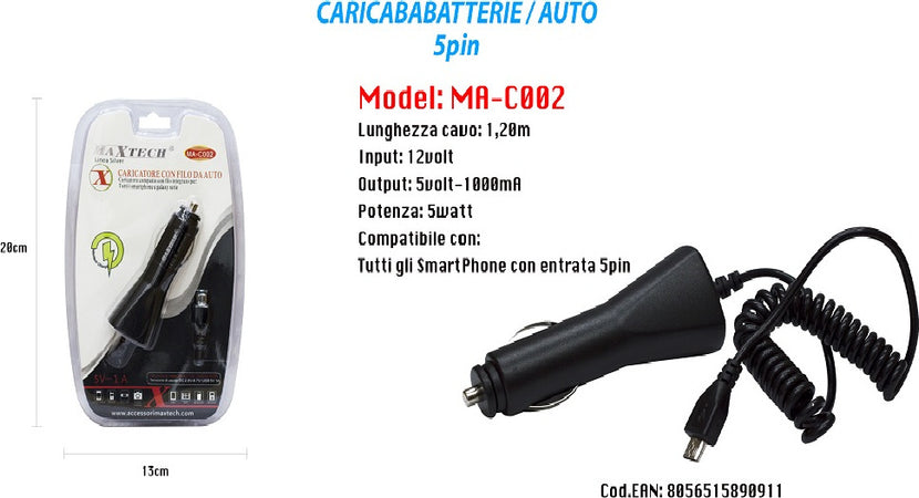 Caricabatteria-Usb-Caricatore-Cavo-1,20m-Da-Auto-Ricarica-Smartphone-5v-1000ma-Maxtech-Ma-c002