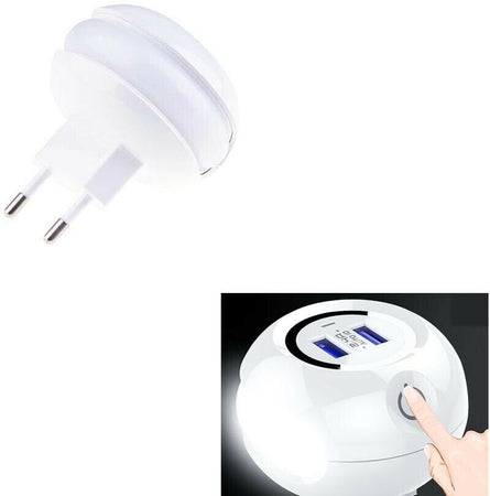 Caricabatterie 2 Porta Usb Lampada Led Luce Notturna Tasto Touch Carica Batteria Gloriashoponline