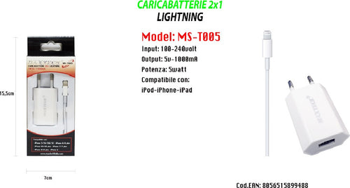 Caricabatterie 2x1 Lightning Maxtech Con Adattatore Per Iphone 5v-1500ma 1mt Ms-t005 Caricabatteria Trade Shop italia - Napoli, Commerciovirtuoso.it