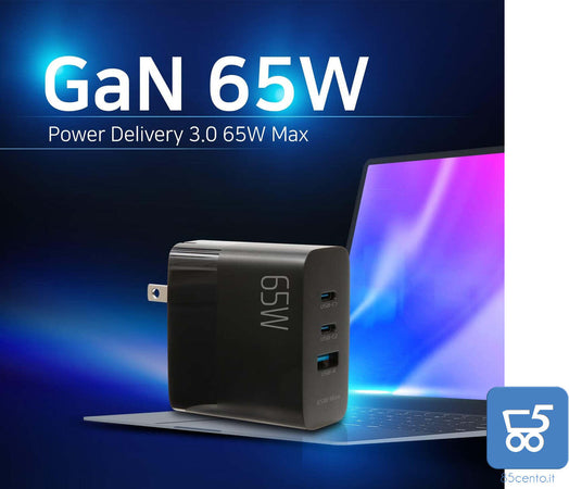 Caricabatterie 65W 2 USB C PD 3.0 USB-A GaN Carica Rapida Spina Pieghevole USA per iPhone 13 Pro Max/13 Pro, MacBook Pro, iPad Pro, Switch, Galaxy S21 S22 s23 S24 - EX DEMO