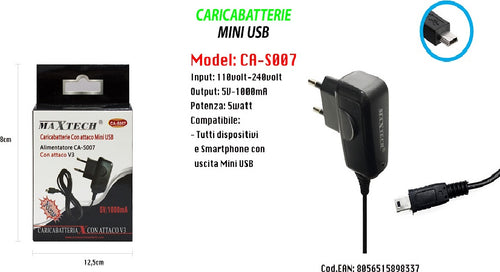 Caricabatterie Con Attacco Mini Usb V3 Per Smartphone Uscita Mini Usb Maxtech Ca-s007 Caricabatteria Trade Shop italia - Napoli, Commerciovirtuoso.it