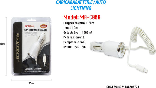 Caricabatterie Da Auto Maxtech Usb Cellulare Smartphone 5v-1000ma Ma-c008 Elettronica/Cellulari e accessori/Accessori/Caricabatterie/Caricabatterie da auto Trade Shop italia - Napoli, Commerciovirtuoso.it