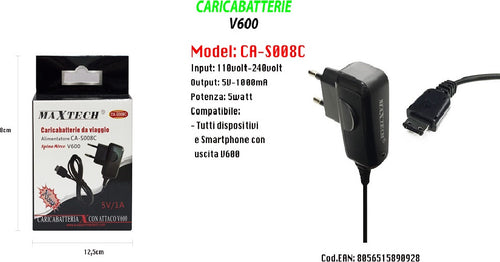 Caricabatterie High Power Da Viaggio Con Spina Ad Attacco V600 5v-1000ma Maxtech Ca-s008c Caricabatteria Trade Shop italia - Napoli, Commerciovirtuoso.it