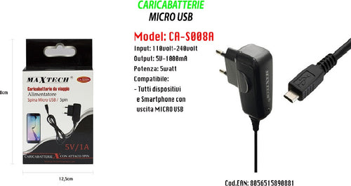 Caricabatterie Micro Usb Da Viaggio Spina 5pin 5v-1000ma 5watt Maxtech Ca-s008a Caricabatteria Trade Shop italia - Napoli, Commerciovirtuoso.it