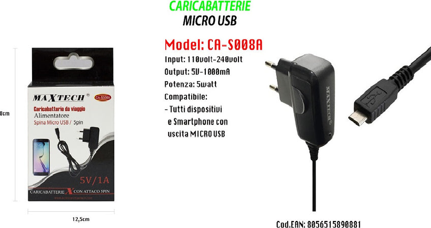 Caricabatterie Micro Usb Da Viaggio Spina 5pin 5v-1000ma 5watt Maxtech Ca-s008a Caricabatteria Trade Shop italia - Napoli, Commerciovirtuoso.it