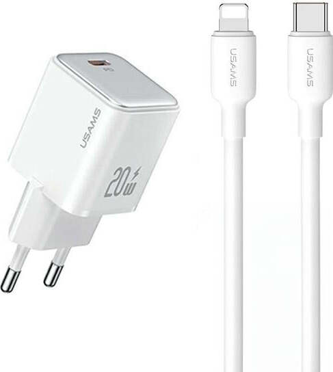 caricabatterie-usams-20W-usb-c-fast-charger-completo-di-cavo-lighting-bianco