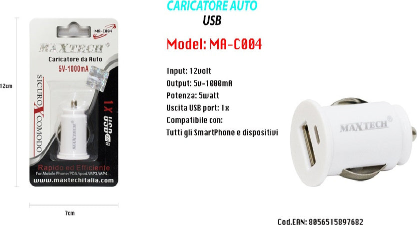 Caricatore Auto Caricabatteria Presa Universale Usb 2a Smartphone Ipod 5v-1000ma Maxtech Ma-c004 Elettronica/Cellulari e accessori/Accessori/Caricabatterie/Caricabatterie da auto Trade Shop italia - Napoli, Commerciovirtuoso.it