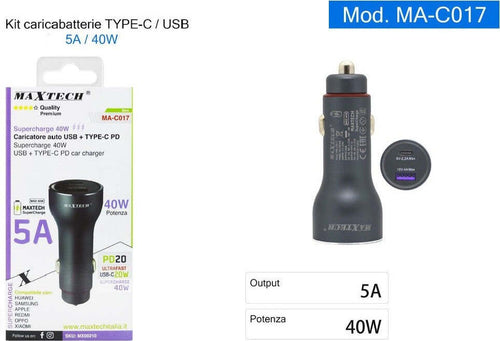 Caricatore Caricabatteria Per Auto Usb / Type-c Pd 5a Superchange 40watt Ma-c017 Elettronica e telefonia > Telefonia Fissa e Mobile > Supporti per Auto Trade Shop italia - Napoli, Commerciovirtuoso.it