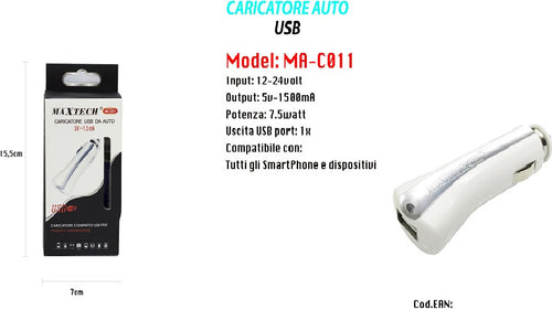Caricatore Per Auto Universale Usb Smartphone Accendisigari 5v-1500ma Maxtech Ma-c011 Elettronica/Cellulari e accessori/Accessori/Caricabatterie/Caricabatterie da auto Trade Shop italia - Napoli, Commerciovirtuoso.it