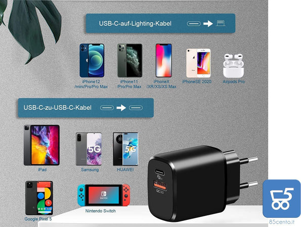 Caricatore Universale 20W  USB Type-C da parete, PD QC 4.0 Power Delivery 3.0 Adattatore di Ricarica COMPATIBILE con iPhone13 Pro/12/12 Pro/12 Mini/11 Pro/XS Max/XR/X,iPad Pro/Air,Galaxy S20/S10,Google Pixel 6 e altri dispositivi Mobile - No Cavo