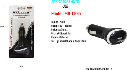 Caricatore Universale Da Auto Cavo Presa Accendisigari 5v-1000ma Usb 2.0 Maxtech Ma-c003 Elettronica/Cellulari e accessori/Accessori/Caricabatterie/Caricabatterie da auto Trade Shop italia - Napoli, Commerciovirtuoso.it