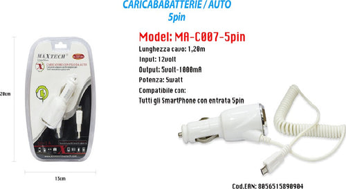 Caricatore Usb Da Auto Portatile Ricarica Smartphone 5pin 5v-1000ma Maxtech Ma-c007-5pin Elettronica/Cellulari e accessori/Accessori/Caricabatterie/Caricabatterie da auto Trade Shop italia - Napoli, Commerciovirtuoso.it
