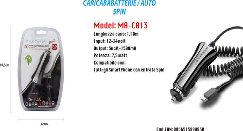 Caricatore Usb Ricarica Caricabatteria Smartphone 5pin 5v-1500ma Da Auto Maxtech Ma-c013 Elettronica/Cellulari e accessori/Accessori/Caricabatterie/Caricabatterie da auto Trade Shop italia - Napoli, Commerciovirtuoso.it