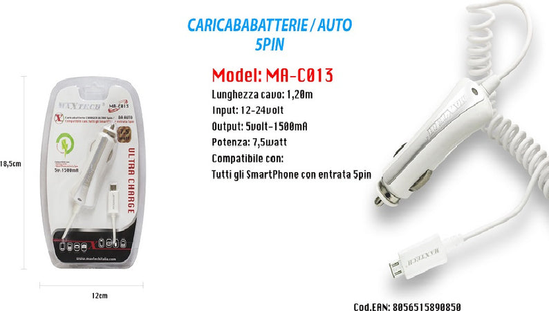 Caricatore Usb Ricarica Caricabatteria Smartphone 5pin 5v-1500ma Da Auto Maxtech Ma-c013 Elettronica/Cellulari e accessori/Accessori/Caricabatterie/Caricabatterie da auto Trade Shop italia - Napoli, Commerciovirtuoso.it